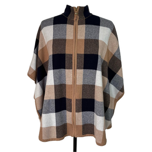 Tahari Tan Plaid Poncho S/M Zip Front Cape Wrap Cozy Checkered Mockneck Office